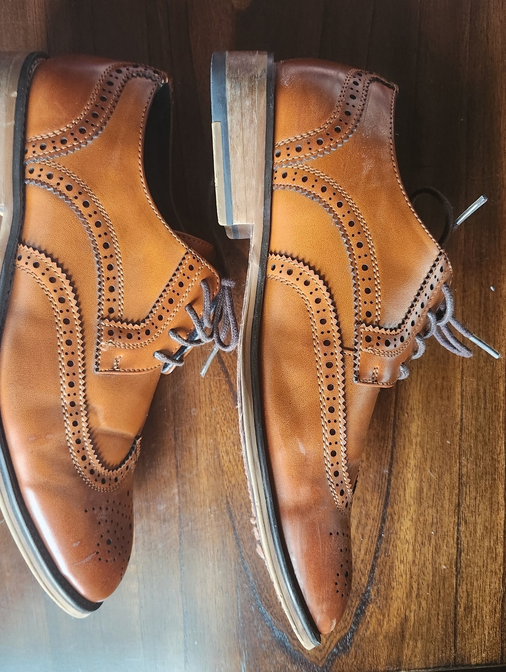 Men's Cognac Leather Wingtip Oxfords. Bruno Marc. Brown size 7 dress shoes - Picture 5 of 12